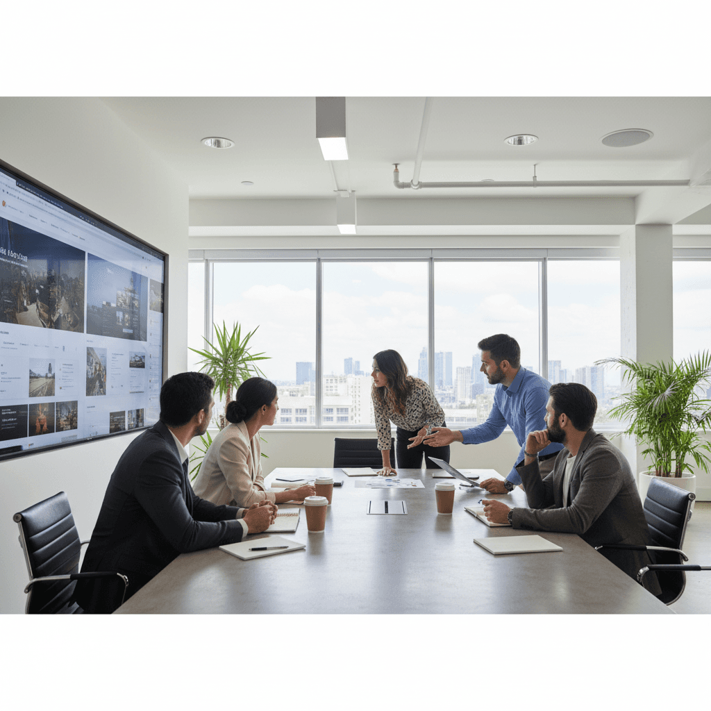 Geschäftsmeeting zwischen Kunde und Webagentur-Team bei der Portfolio-Präsentation