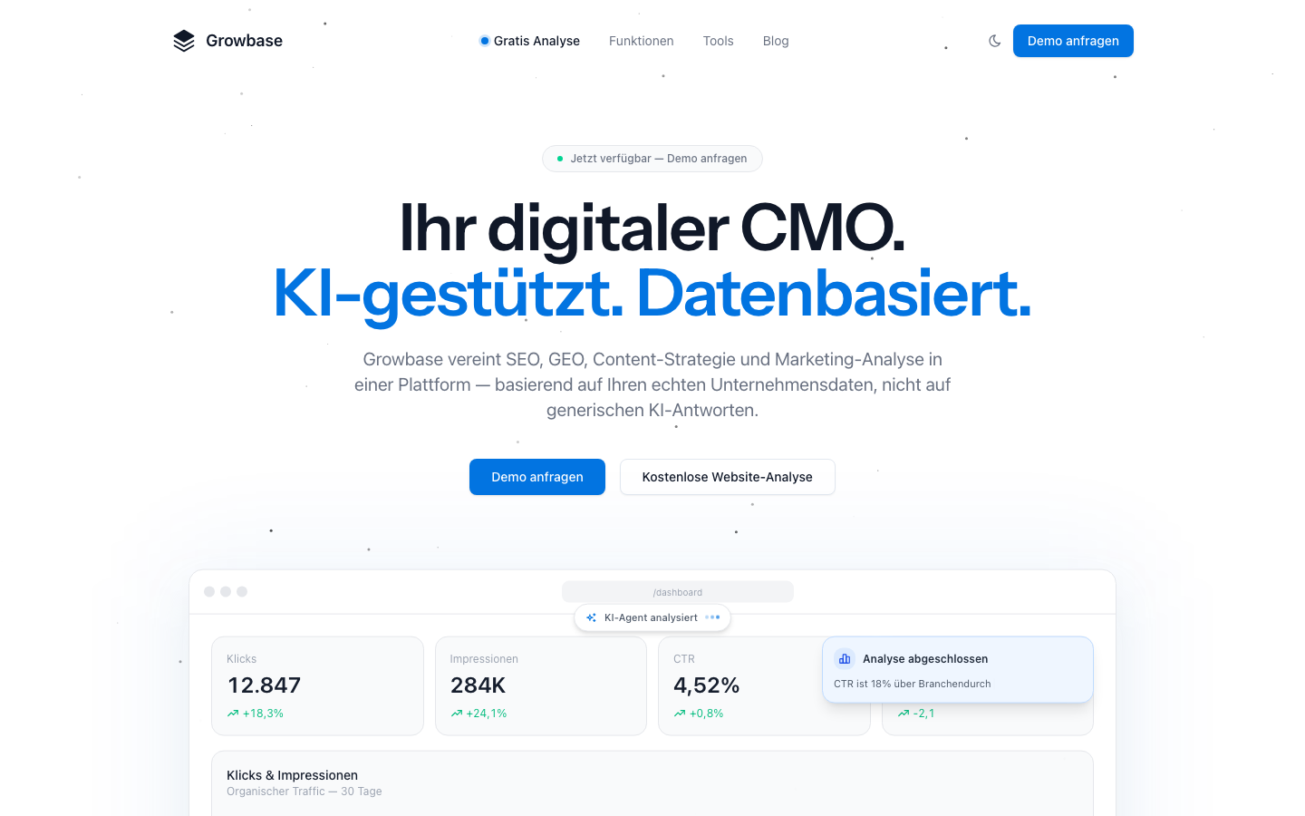 Startseite von getgrowbase.com: Headline „Ihr digitaler CMO. KI-gestützt. Datenbasiert.“ mit Dashboard-Preview darunter.